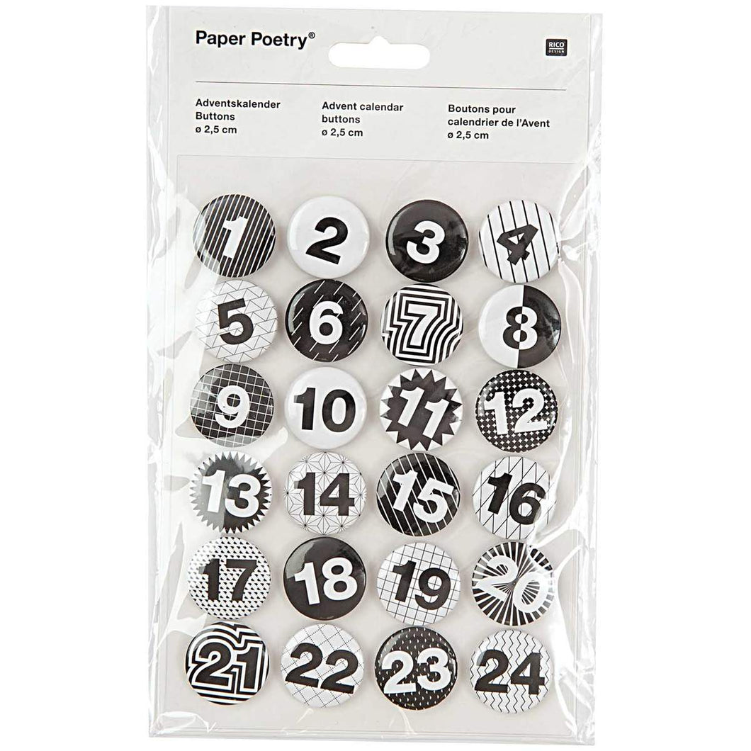 Rico Design Adventskalender Zahlen Buttons schwarz-weiß 2,5cm 24 Stück