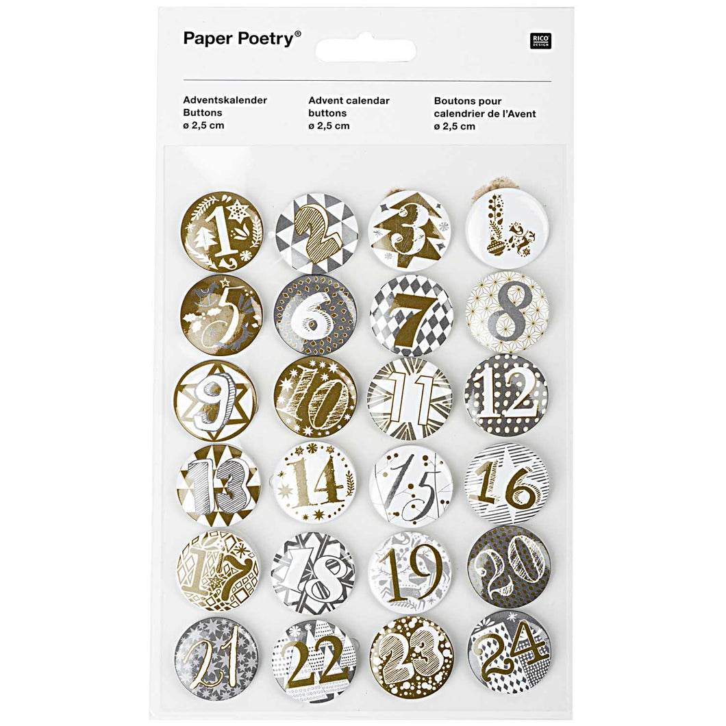 Rico Design Adventskalender Zahlen Buttons gold-silber 2,5cm 24 Stück