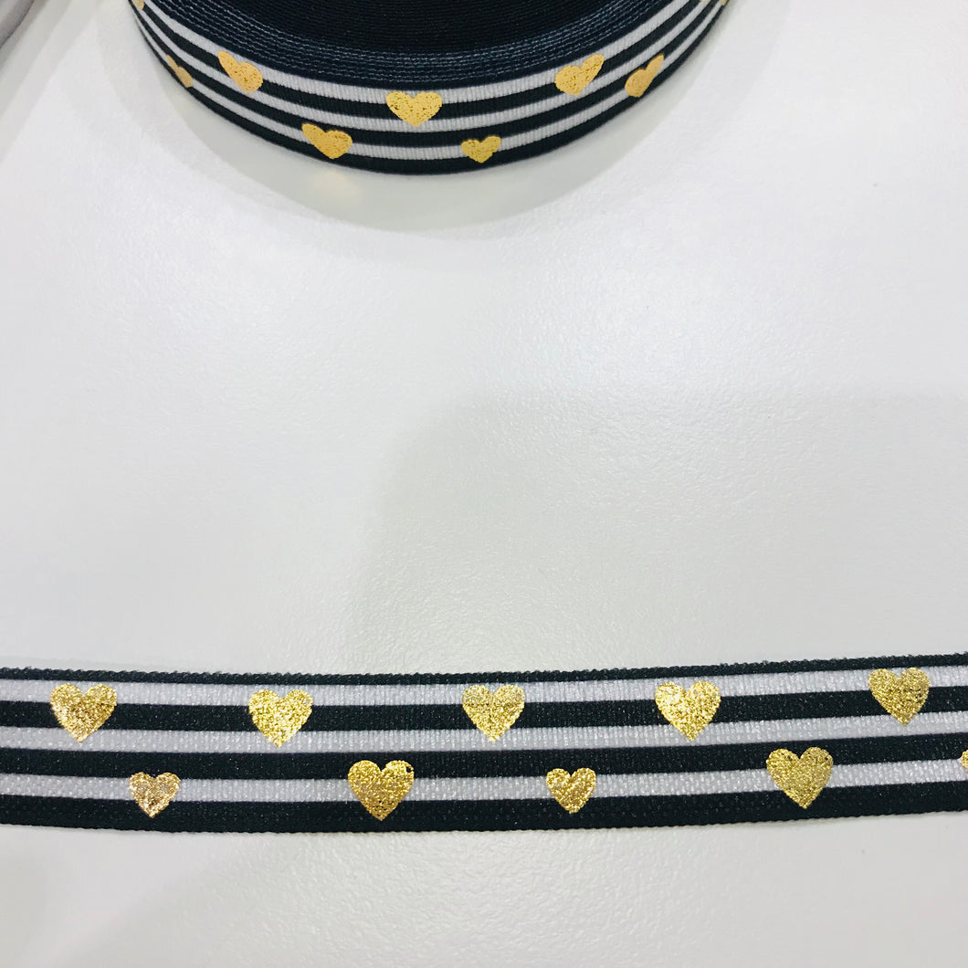 Gummiband Haarband Armband Herzen Streifen gold auf schwarz